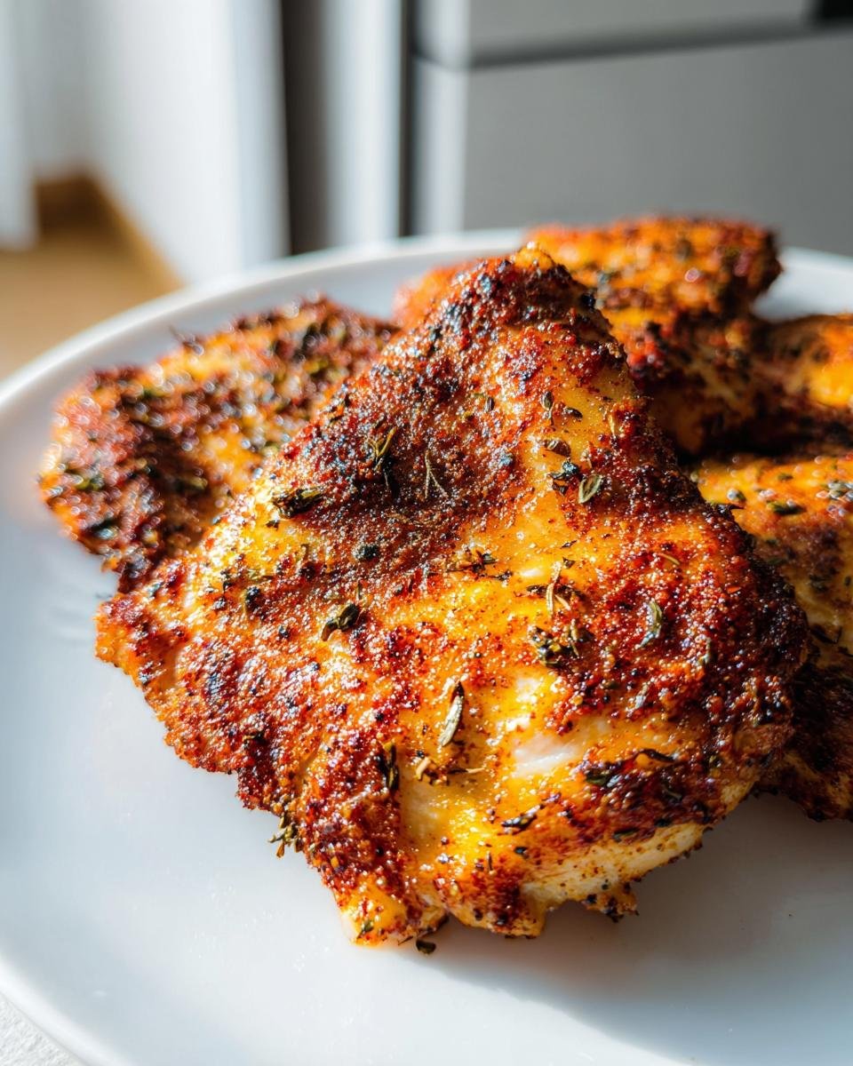 Close-up of seasoned and perfectly cooked Air Fryer Boneless Chicken Thighs Fast on a white plate.