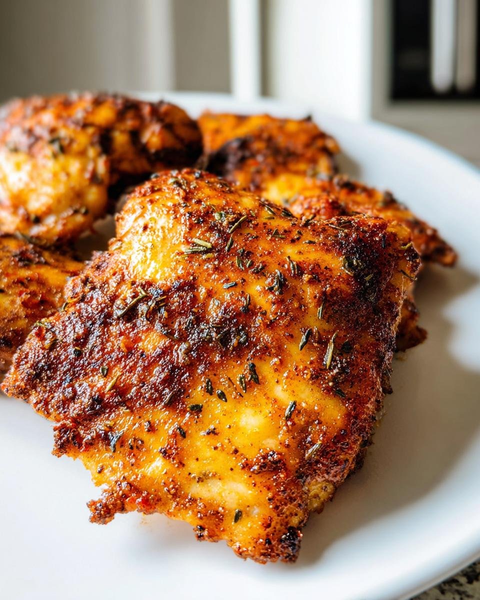 Close-up of perfectly cooked Air Fryer Boneless Chicken Thighs Fast, seasoned with herbs and spices.