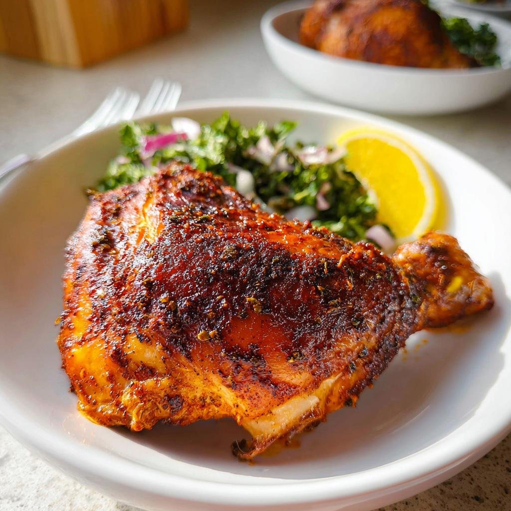 Close-up of a perfectly cooked, seasoned Air Fryer Chicken Leg Quarters Juicy served with a side salad and lemon wedge.