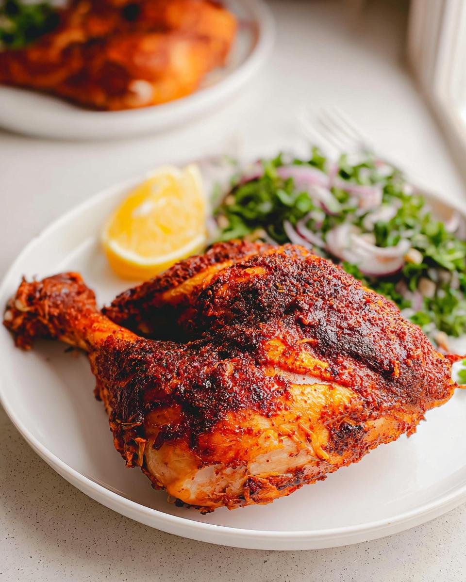 A perfectly cooked, seasoned Air Fryer Chicken Leg Quarters Juicy served on a white plate with a side salad and lemon wedge.