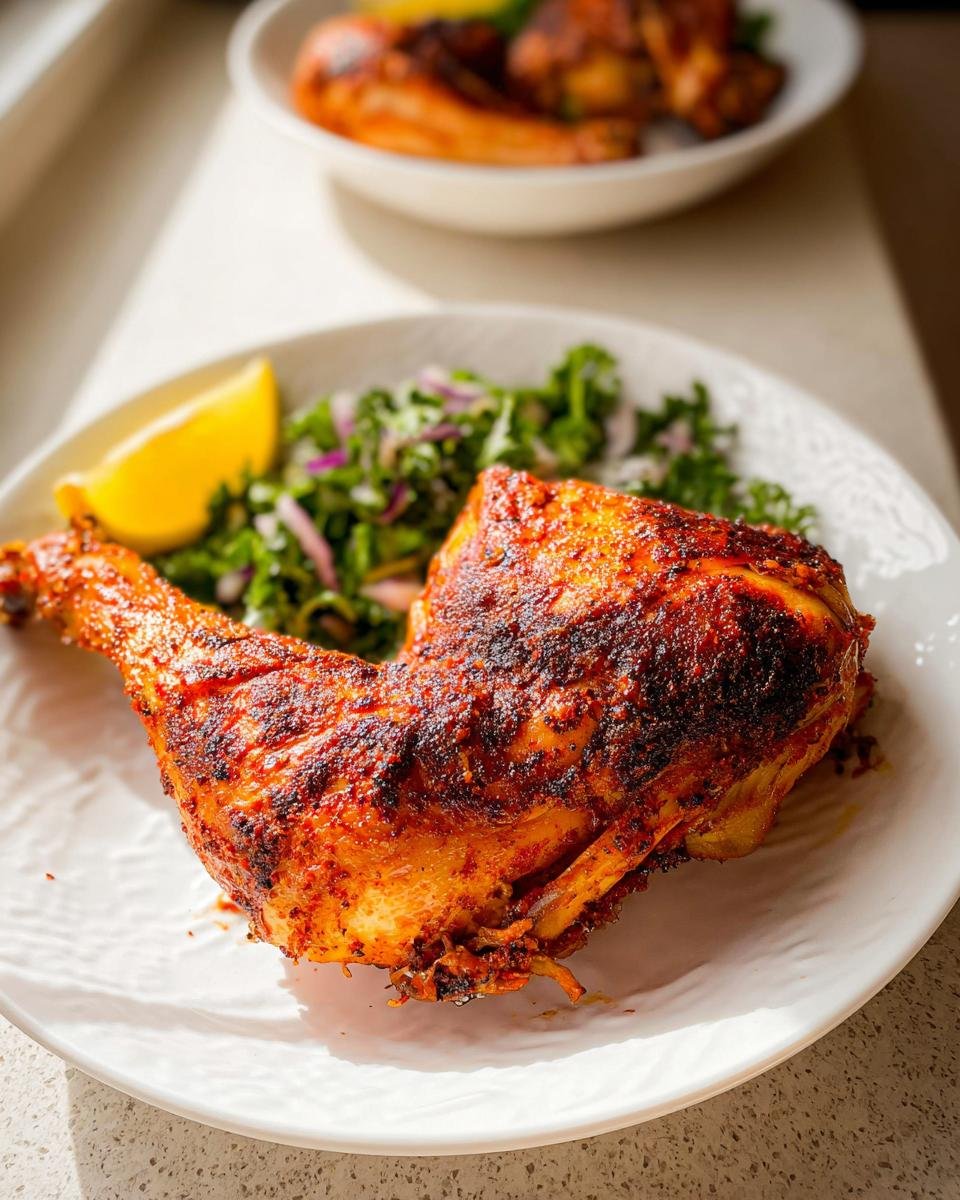 A perfectly cooked, crispy Air Fryer Chicken Leg Quarters Juicy served on a white plate with a side salad and lemon wedge.