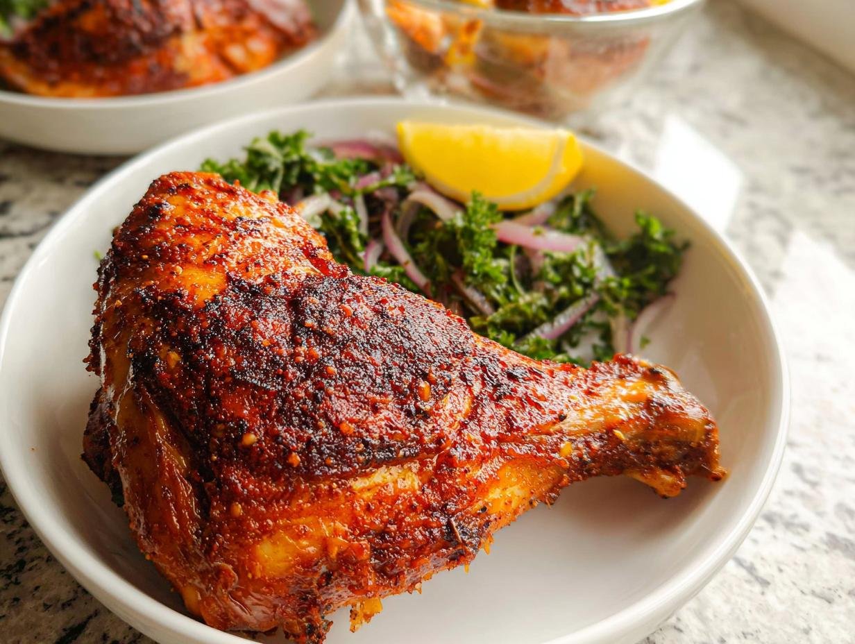 A close-up of a perfectly cooked Air Fryer Chicken Leg Quarters Juicy with crispy, seasoned skin on a white plate.