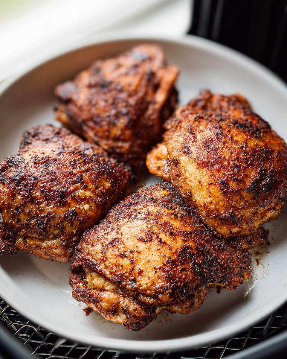 Four perfectly cooked, dark-seasoned Air Fryer Chicken Thighs Extra Crispy resting on a light-colored plate.