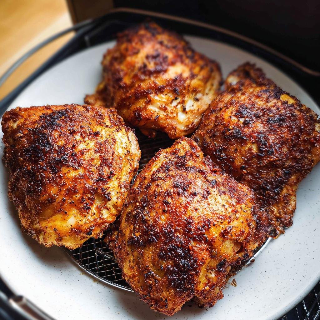 Four perfectly cooked Air Fryer Chicken Thighs Extra Crispy resting on a small wire rack on a plate.