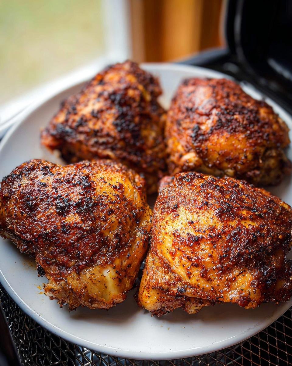 Four perfectly cooked Air Fryer Chicken Thighs Extra Crispy, seasoned and resting on a white plate.