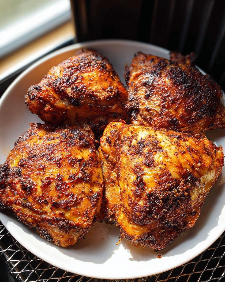 Four perfectly cooked Air Fryer Chicken Thighs Extra Crispy with dark, seasoned skin, resting on a white plate.
