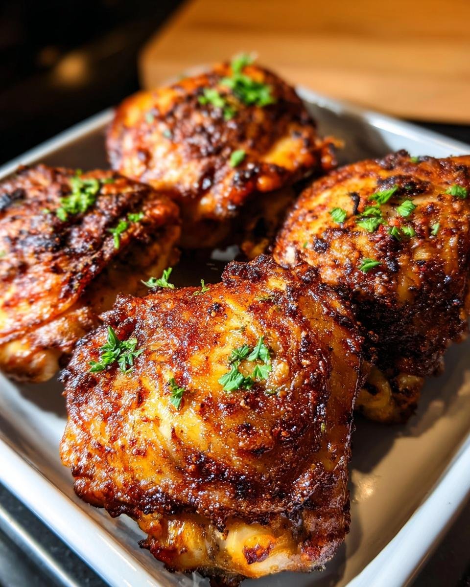Four perfectly cooked, crispy Air Fryer Chicken Thighs with Simple Marinade garnished with parsley.
