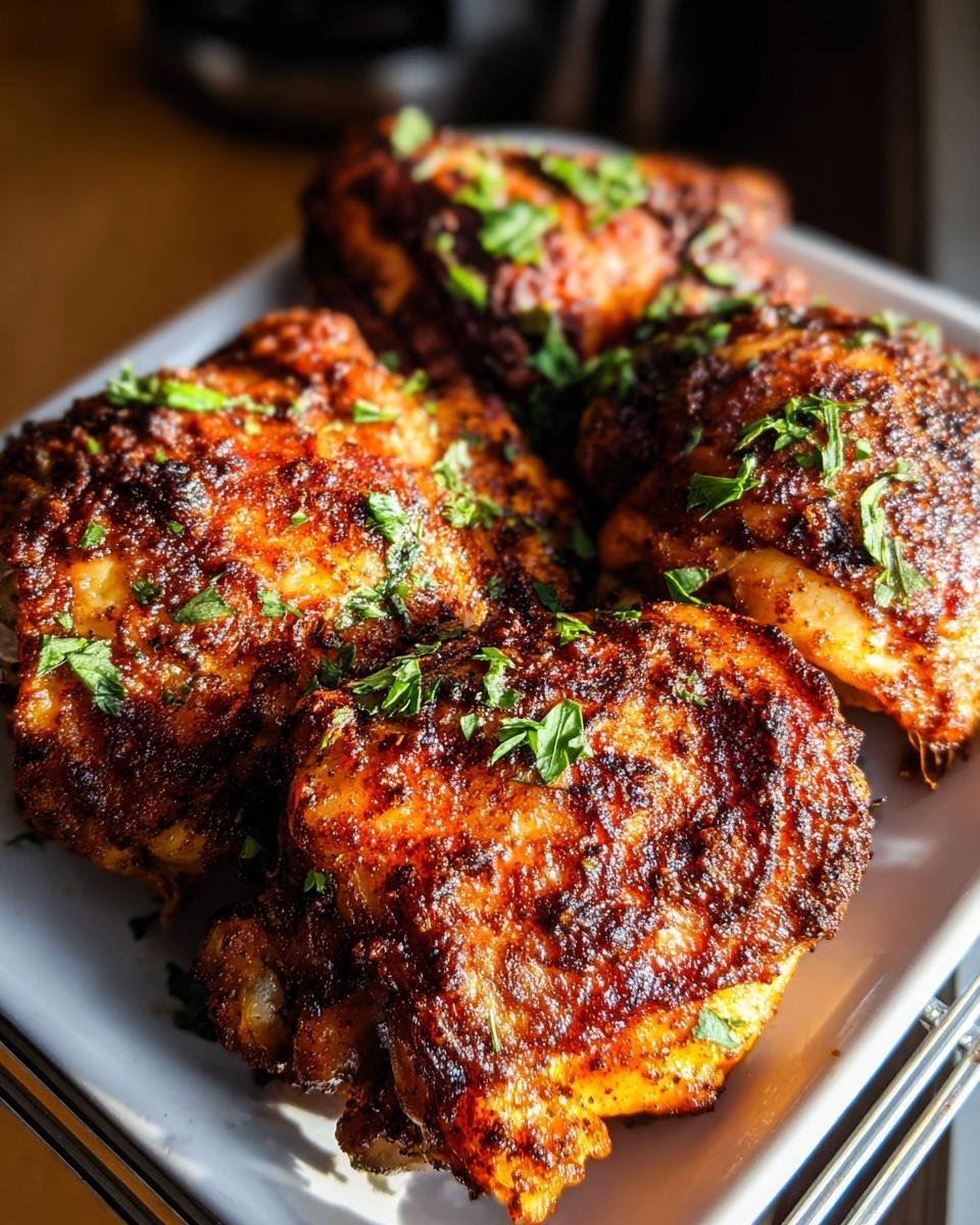 Four perfectly cooked, crispy Air Fryer Chicken Thighs with Simple Marinade garnished with fresh parsley.