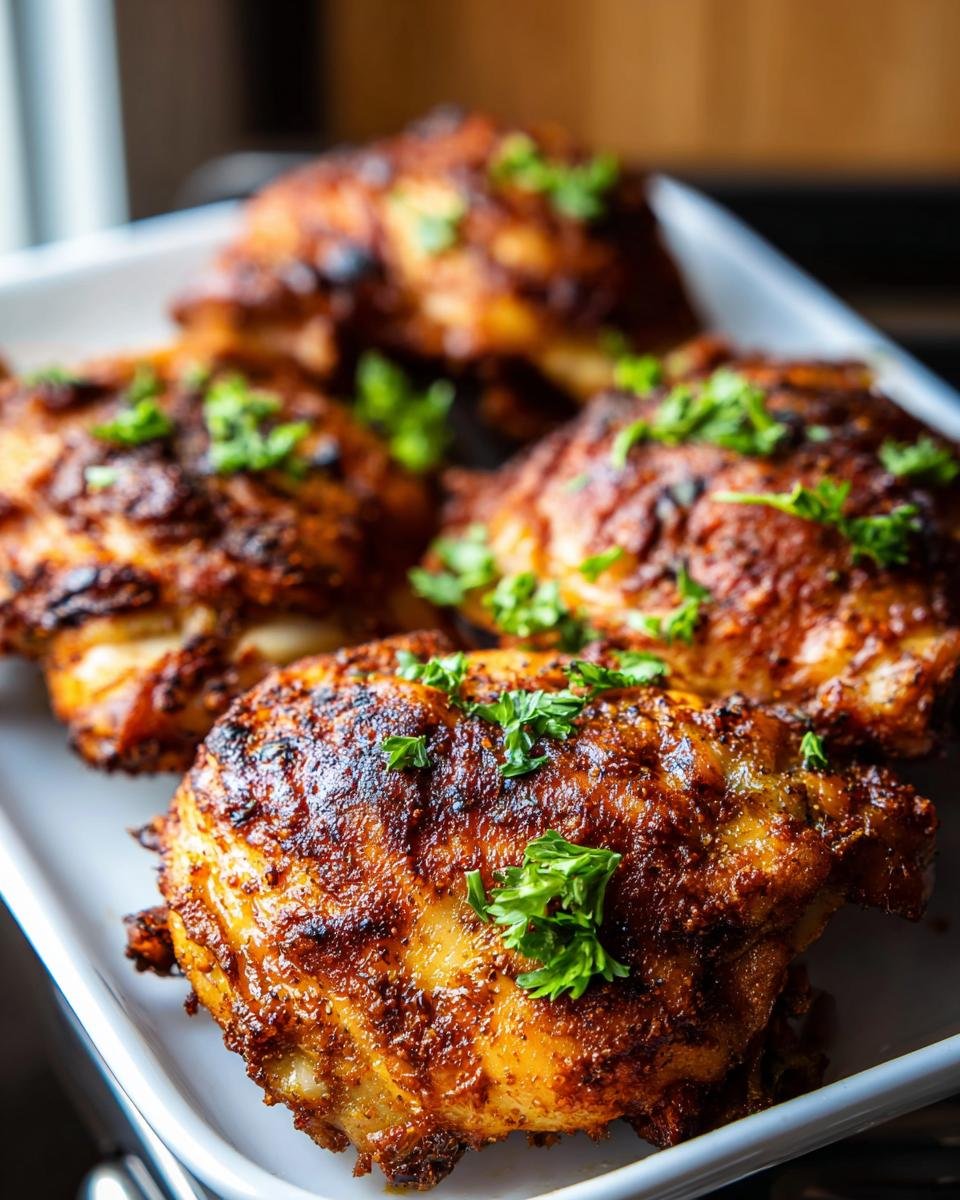 Four perfectly cooked Air Fryer Chicken Thighs with Simple Marinade, garnished with fresh parsley on a white platter.