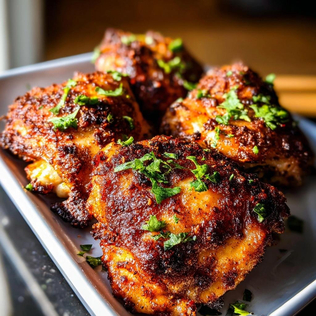 Four perfectly cooked Air Fryer Chicken Thighs with crispy, seasoned skin garnished with fresh parsley.