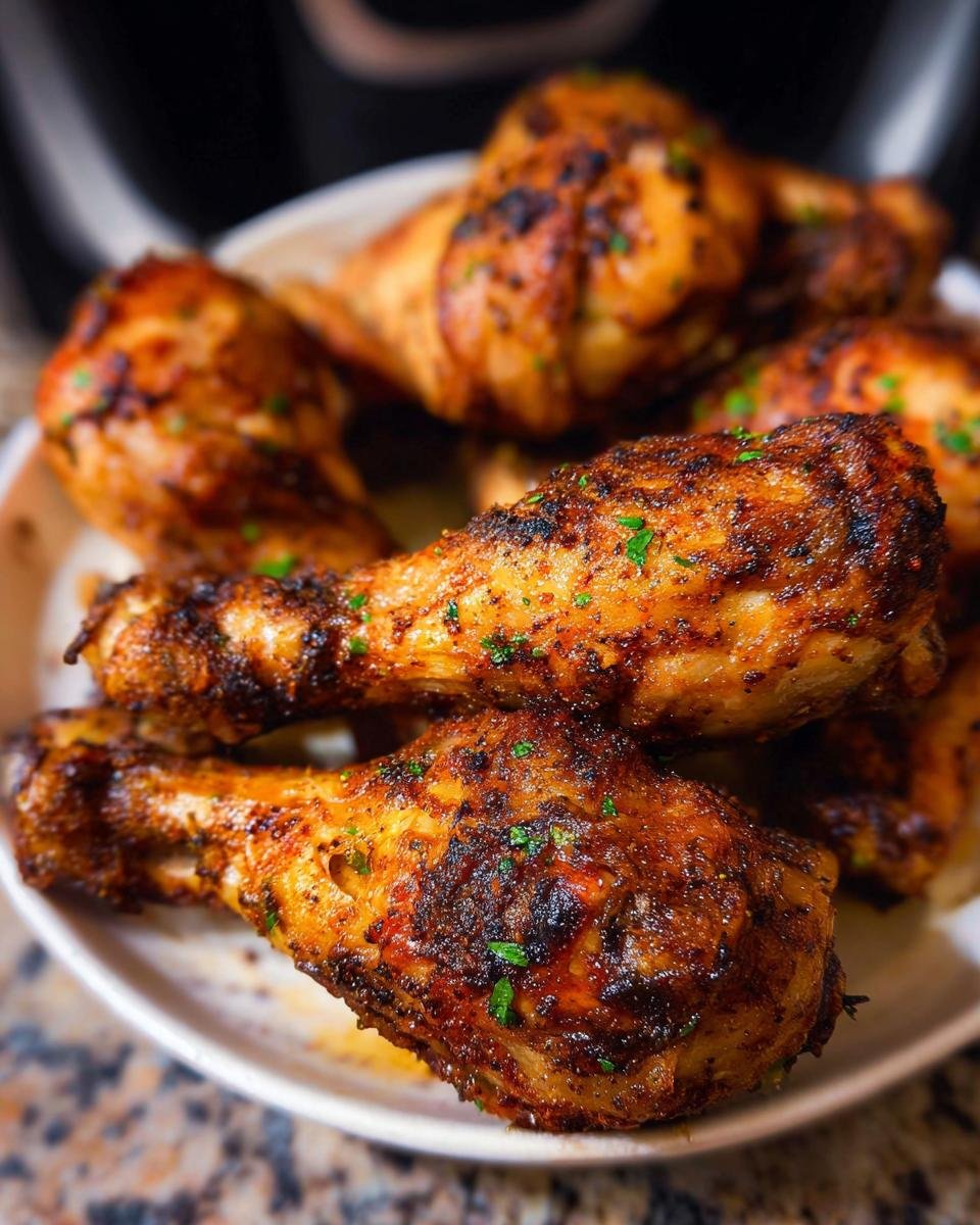 Close-up of several perfectly cooked Air Fryer Crispy Chicken Drumsticks piled on a white plate.