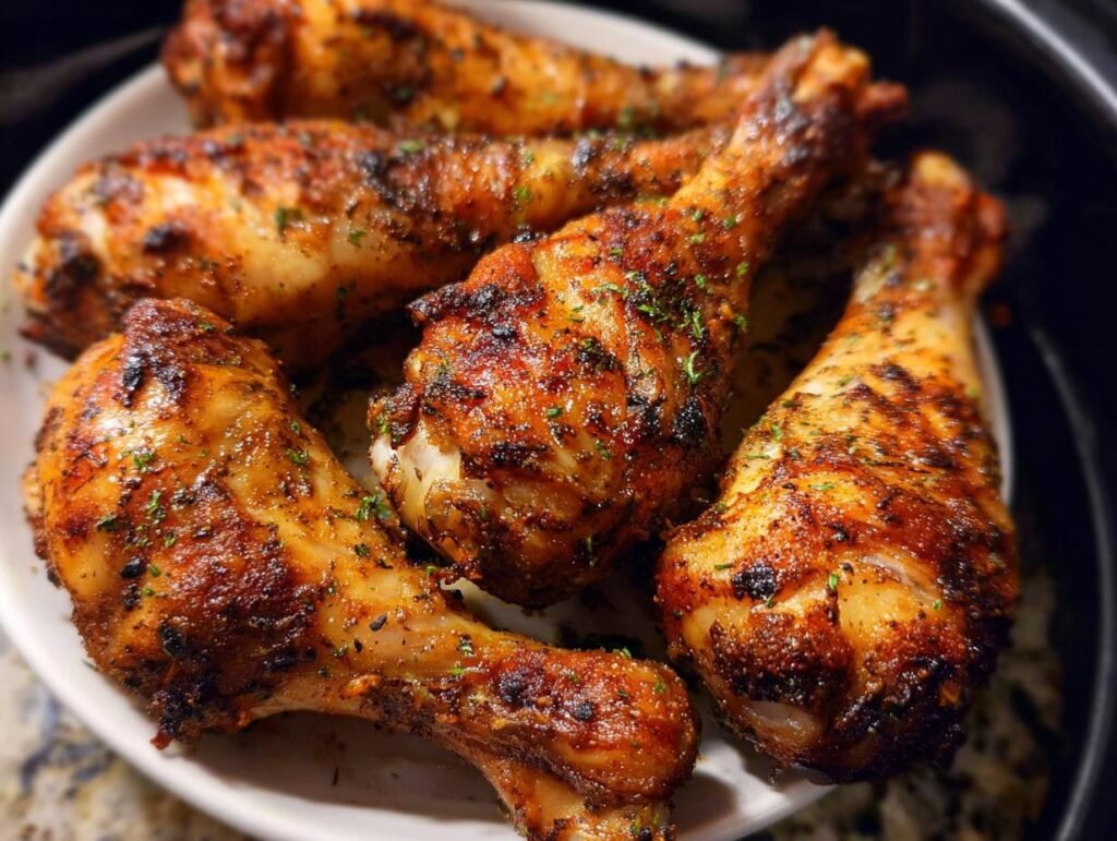 Close-up of perfectly cooked Air Fryer Crispy Chicken Drumsticks with a dark, seasoned, and crispy skin.