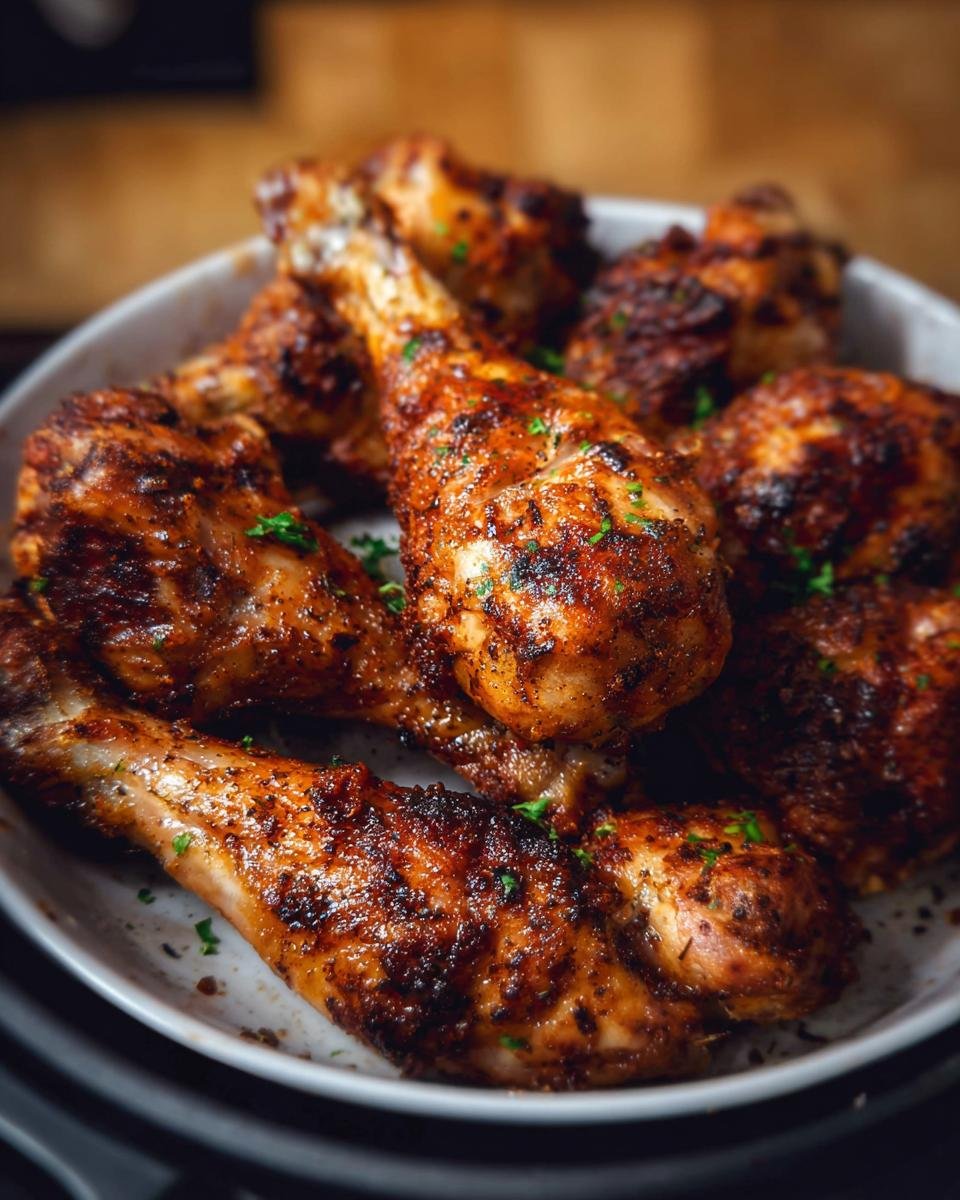 A plate piled high with perfectly cooked Air Fryer Crispy Chicken Drumsticks, seasoned and garnished with parsley.