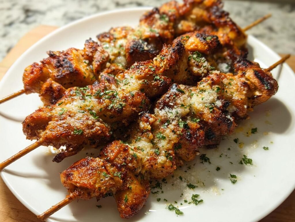 Close-up of juicy Air Fryer Garlic Parmesan Chicken Thighs pieces skewered and topped with grated cheese and parsley.