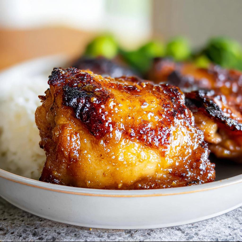 Close-up of a perfectly glazed Air Fryer Honey Mustard Chicken Thighs with crispy, caramelized edges served with white rice.