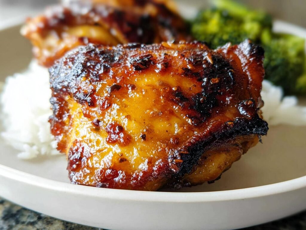 Close-up of a perfectly cooked Air Fryer Honey Mustard Chicken Thighs with a caramelized, sticky glaze.