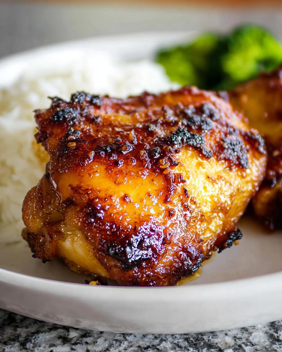 Close-up of a perfectly cooked Air Fryer Honey Mustard Chicken Thighs with a caramelized, glossy glaze.