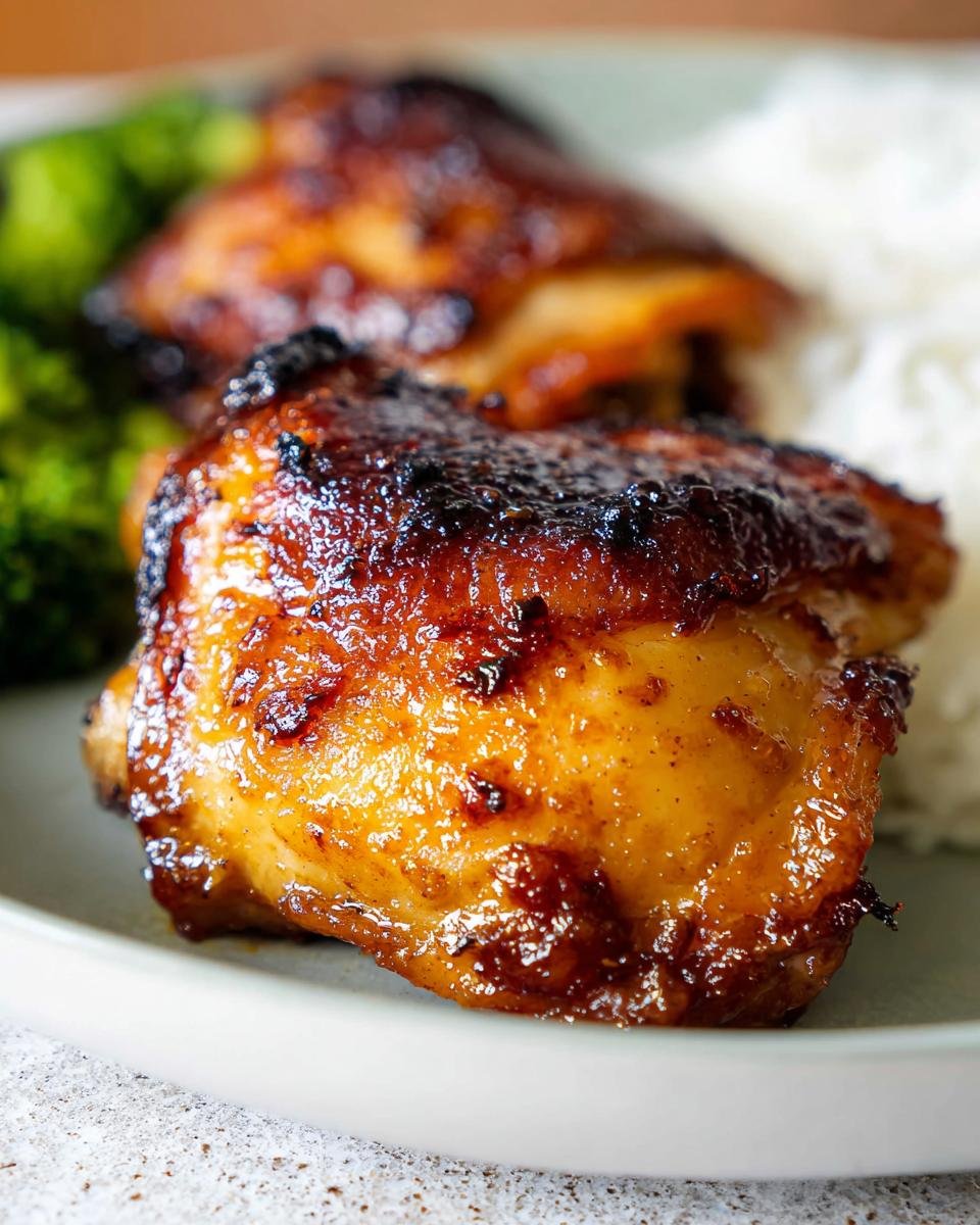 Close-up of a perfectly cooked Air Fryer Honey Mustard Chicken Thighs with a dark, caramelized glaze.