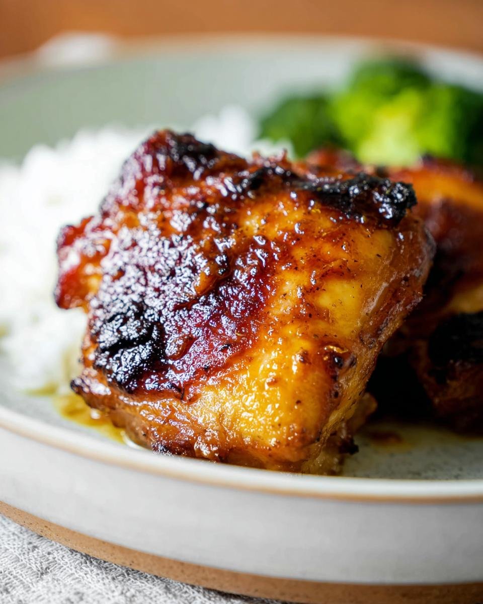 Close-up of a perfectly glazed Air Fryer Honey Mustard Chicken Thighs served with rice and broccoli.