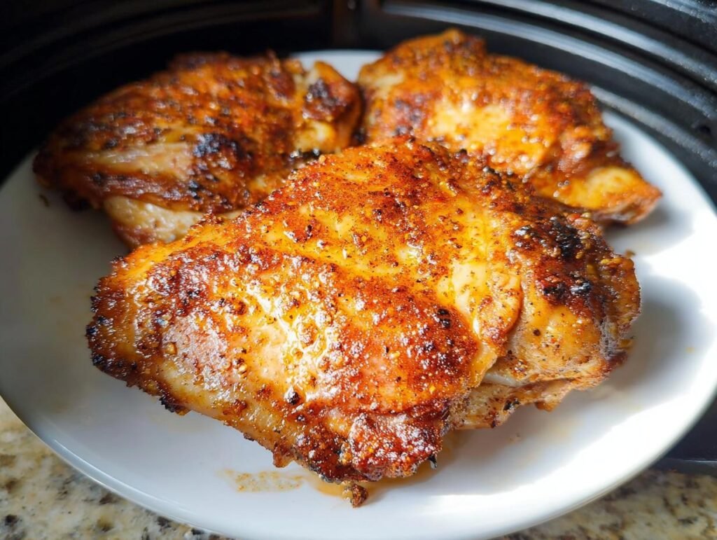 Three perfectly cooked, crispy Air Fryer Lemon Pepper Chicken Thighs resting on a white plate.
