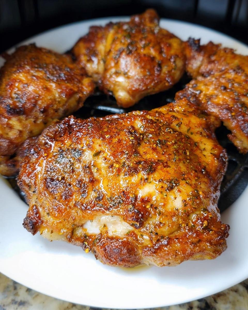 Close-up of four perfectly cooked Air Fryer Lemon Pepper Chicken Thighs with crispy, seasoned skin on a white plate.