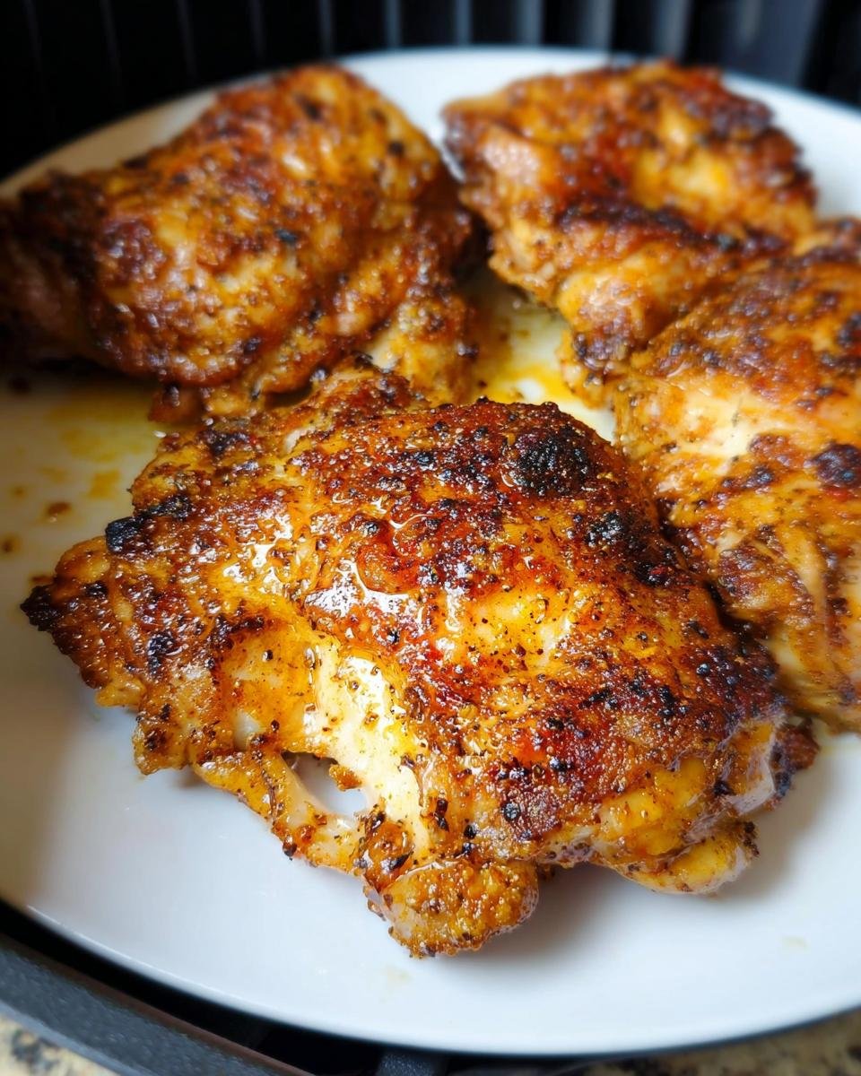 Close-up of four perfectly cooked, crispy Air Fryer Lemon Pepper Chicken Thighs on a white plate.