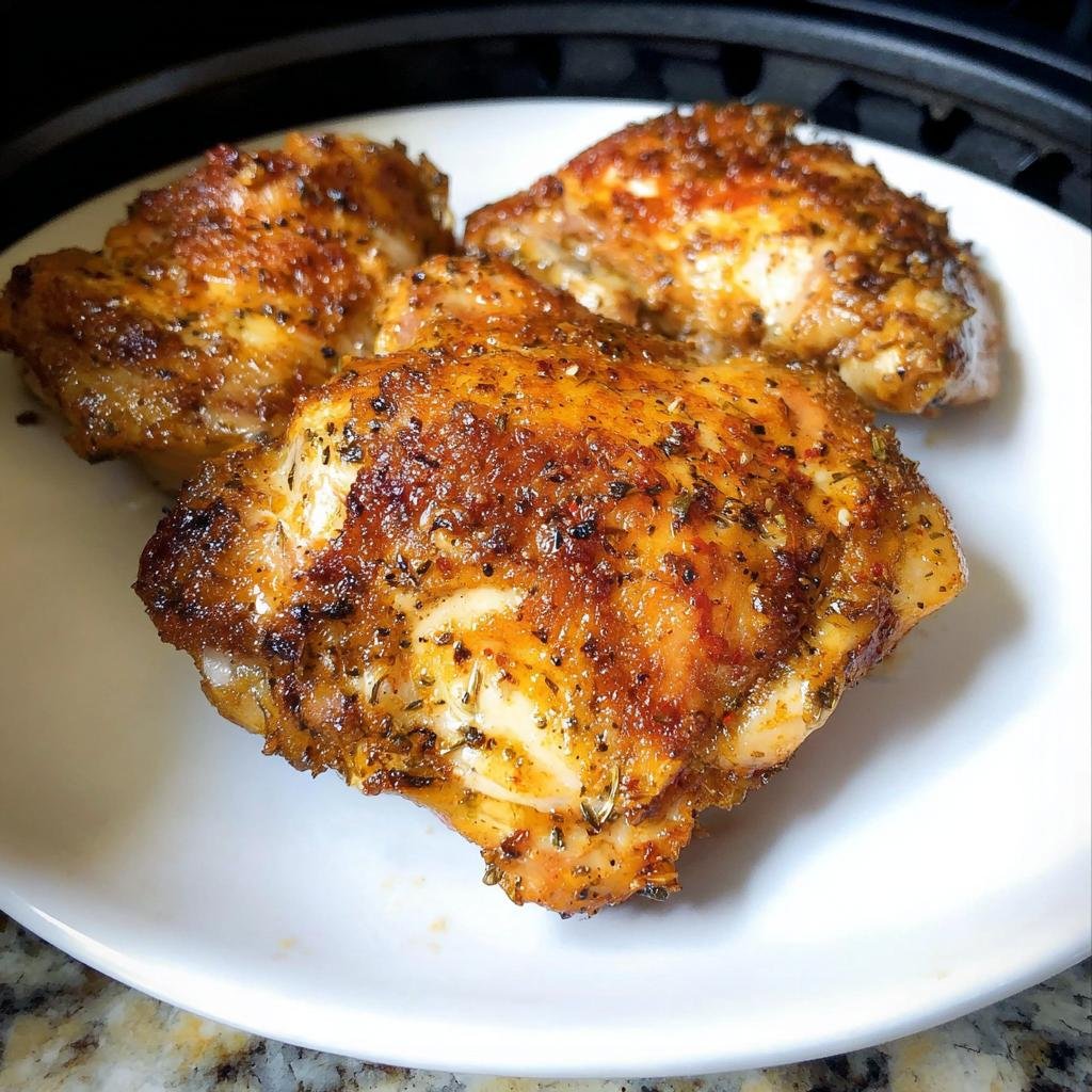 Three perfectly cooked Air Fryer Lemon Pepper Chicken Thighs with crispy, seasoned skin resting on a white plate.