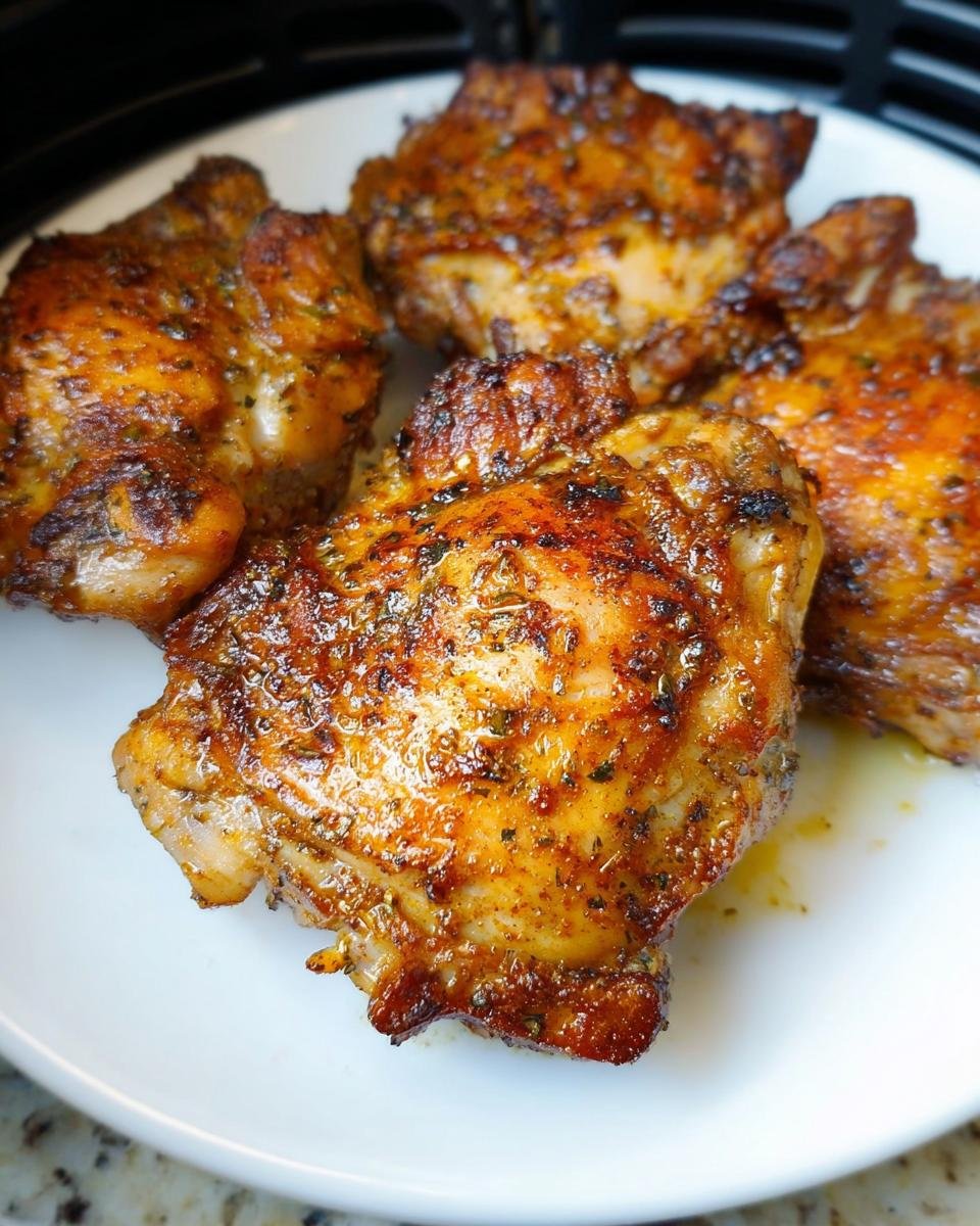 Close-up of four golden-brown Air Fryer Lemon Pepper Chicken Thighs seasoned with herbs on a white plate.