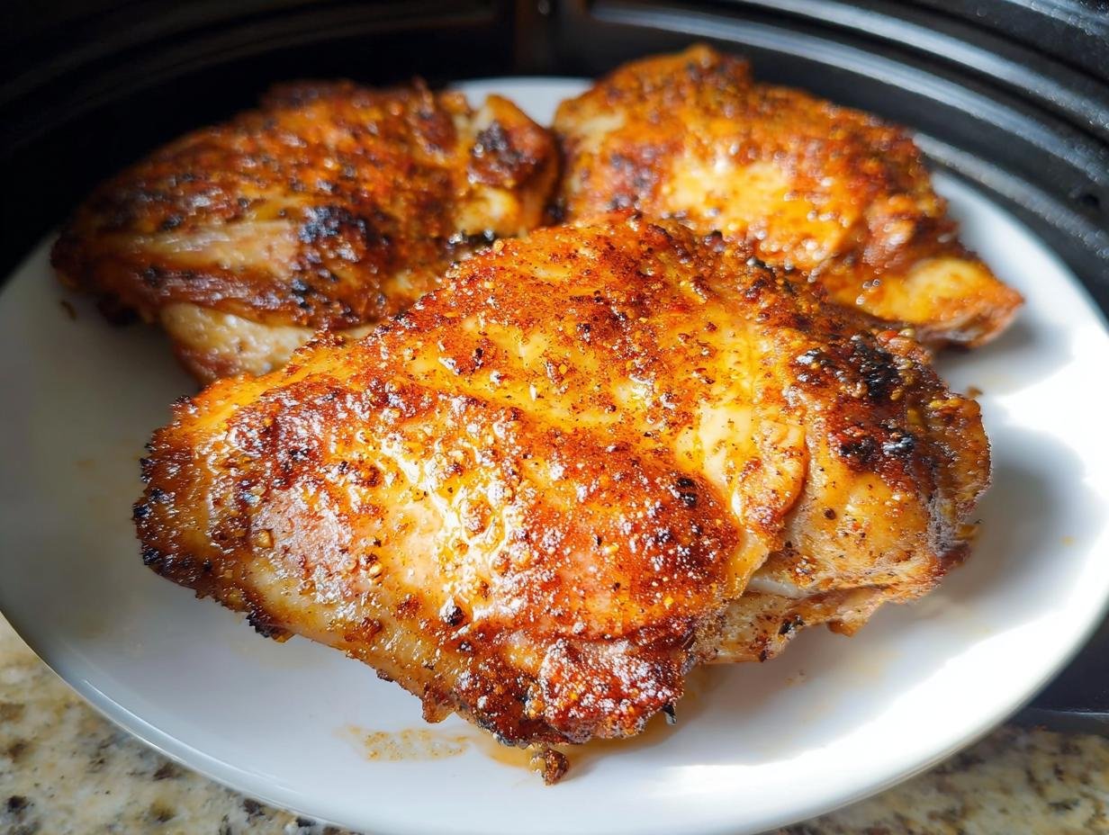 Three perfectly cooked, crispy Air Fryer Lemon Pepper Chicken Thighs resting on a white plate.