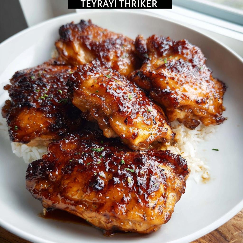 Close-up of sticky, glazed Air Fryer Teriyaki Chicken Thighs served over white rice in a bowl.