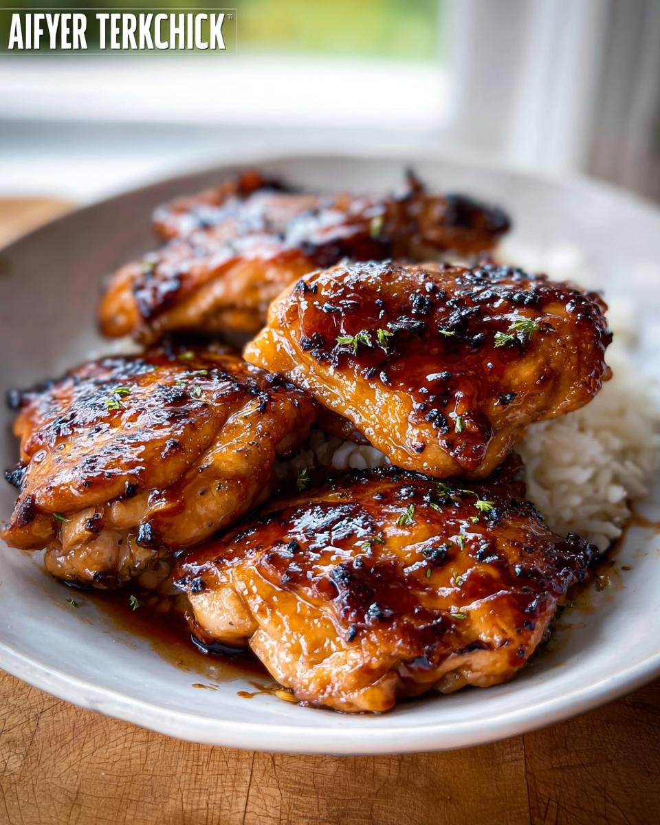 Four glossy Air Fryer Teriyaki Chicken Thighs served over white rice, garnished with herbs.