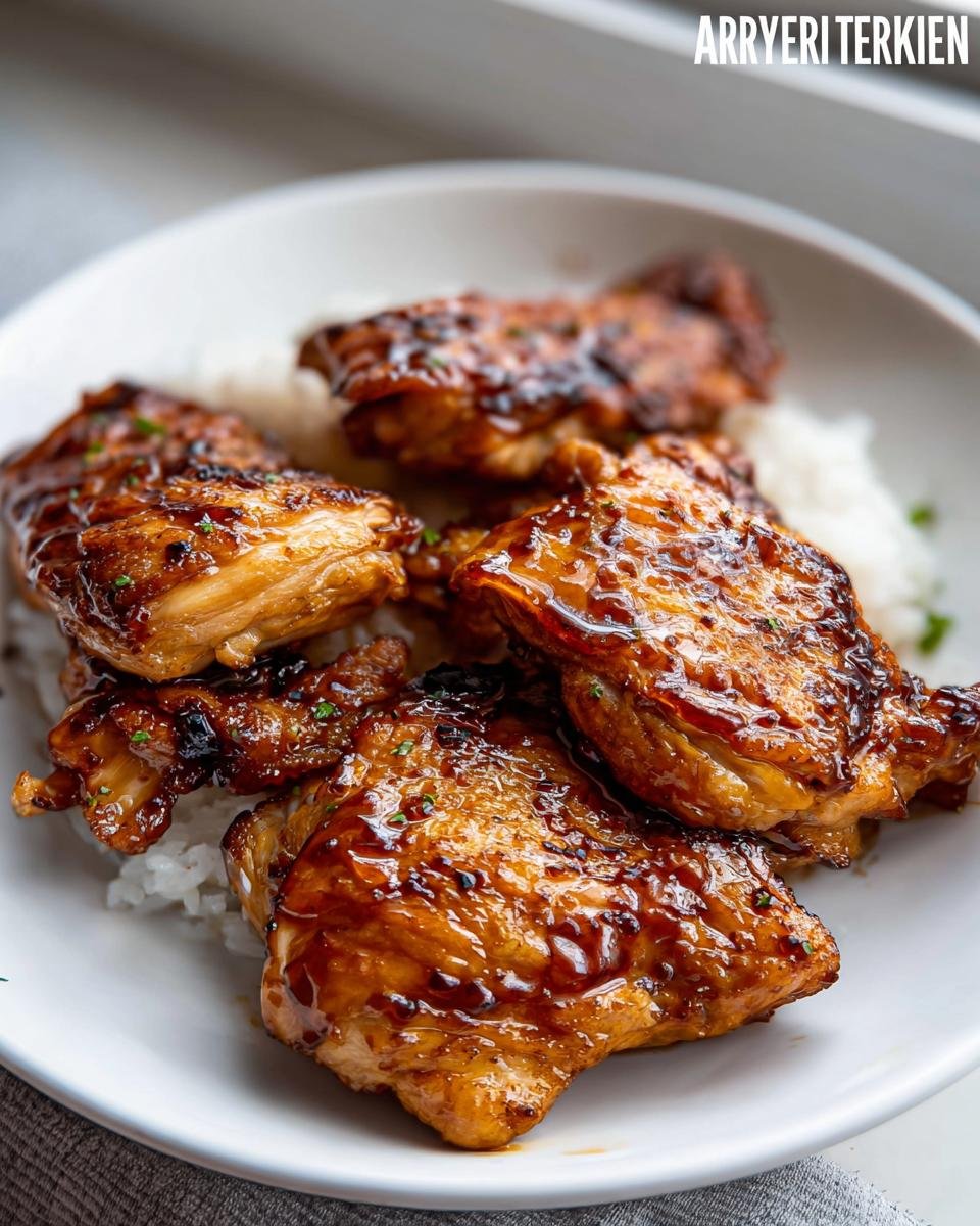 Close-up of juicy Air Fryer Teriyaki Chicken Thighs coated in a thick, glossy sauce, served over white rice.