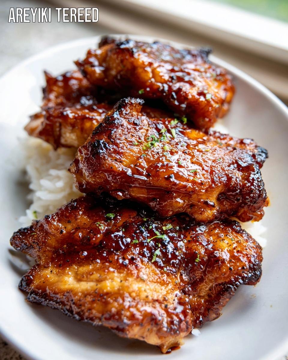 Close-up of glazed Air Fryer Teriyaki Chicken Thighs served over white rice, garnished with herbs.