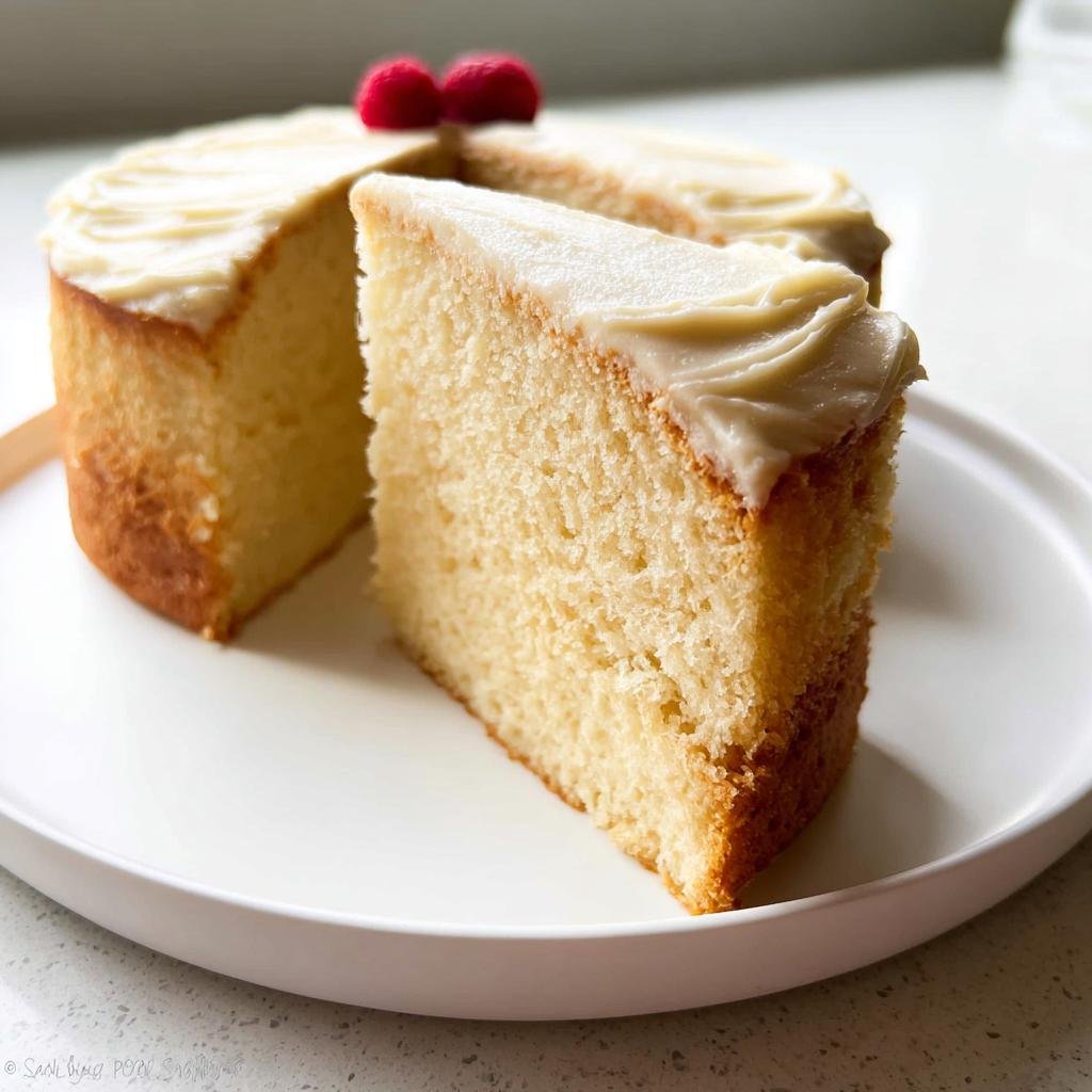 A slice of vanilla cake with creamy white frosting and two raspberries on top, showcasing amazing cake ideas.