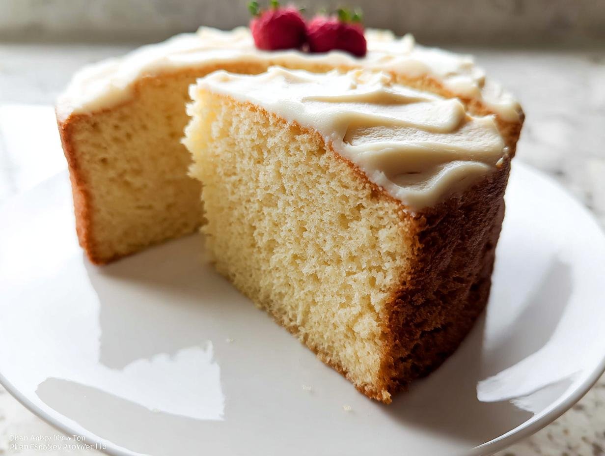 A slice of vanilla cake topped with cream cheese frosting and fresh strawberries, showcasing one of the amazing cake ideas.