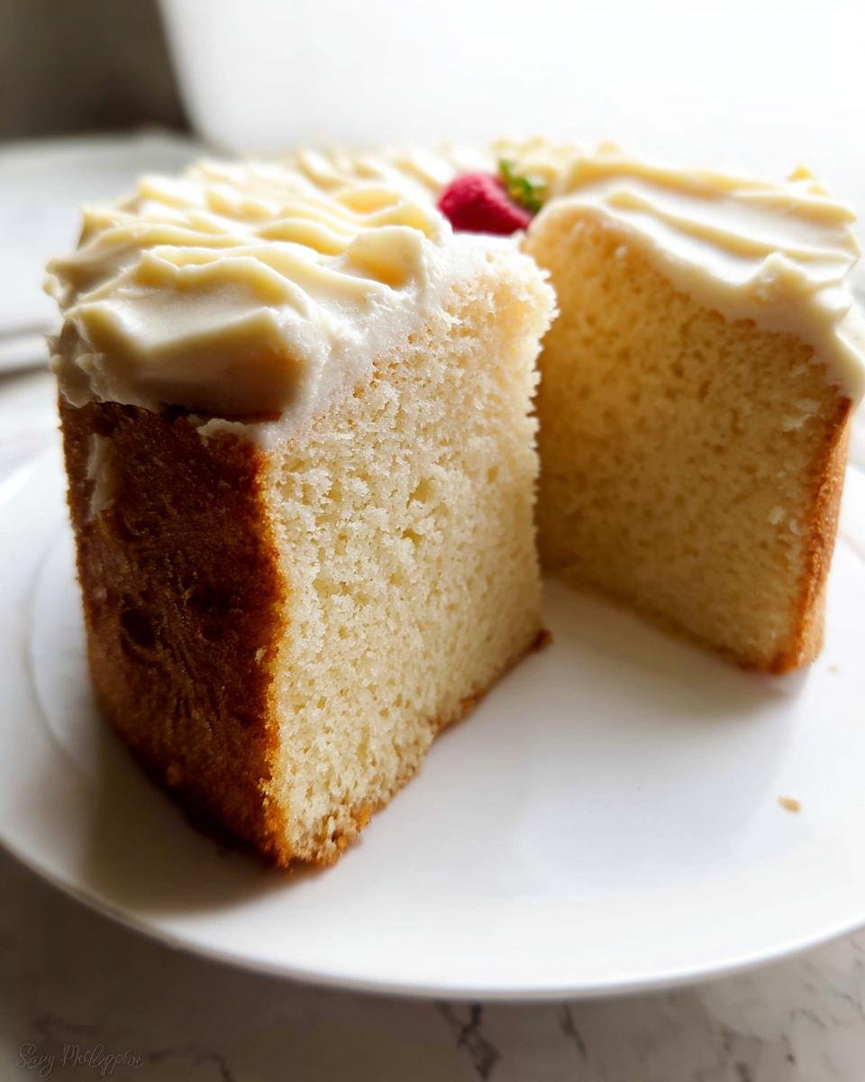 A slice of vanilla cake with creamy white frosting and a strawberry garnish, showcasing amazing cake ideas.