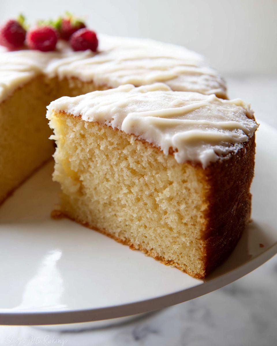 A slice of vanilla cake with white frosting and raspberries, showcasing one of the amazing cake ideas.