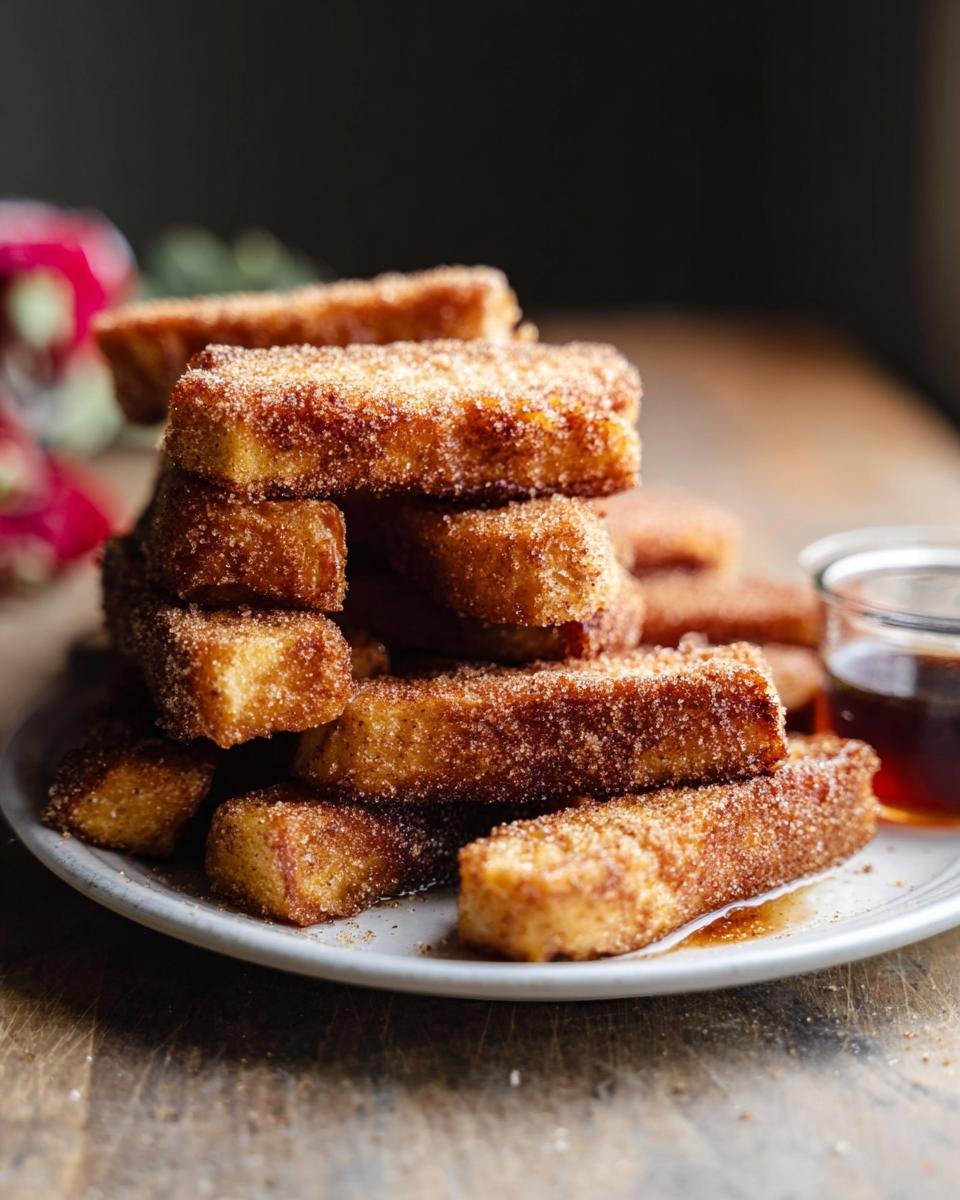 A tall stack of golden brown Baked French Toast Sticks coated generously in cinnamon sugar.