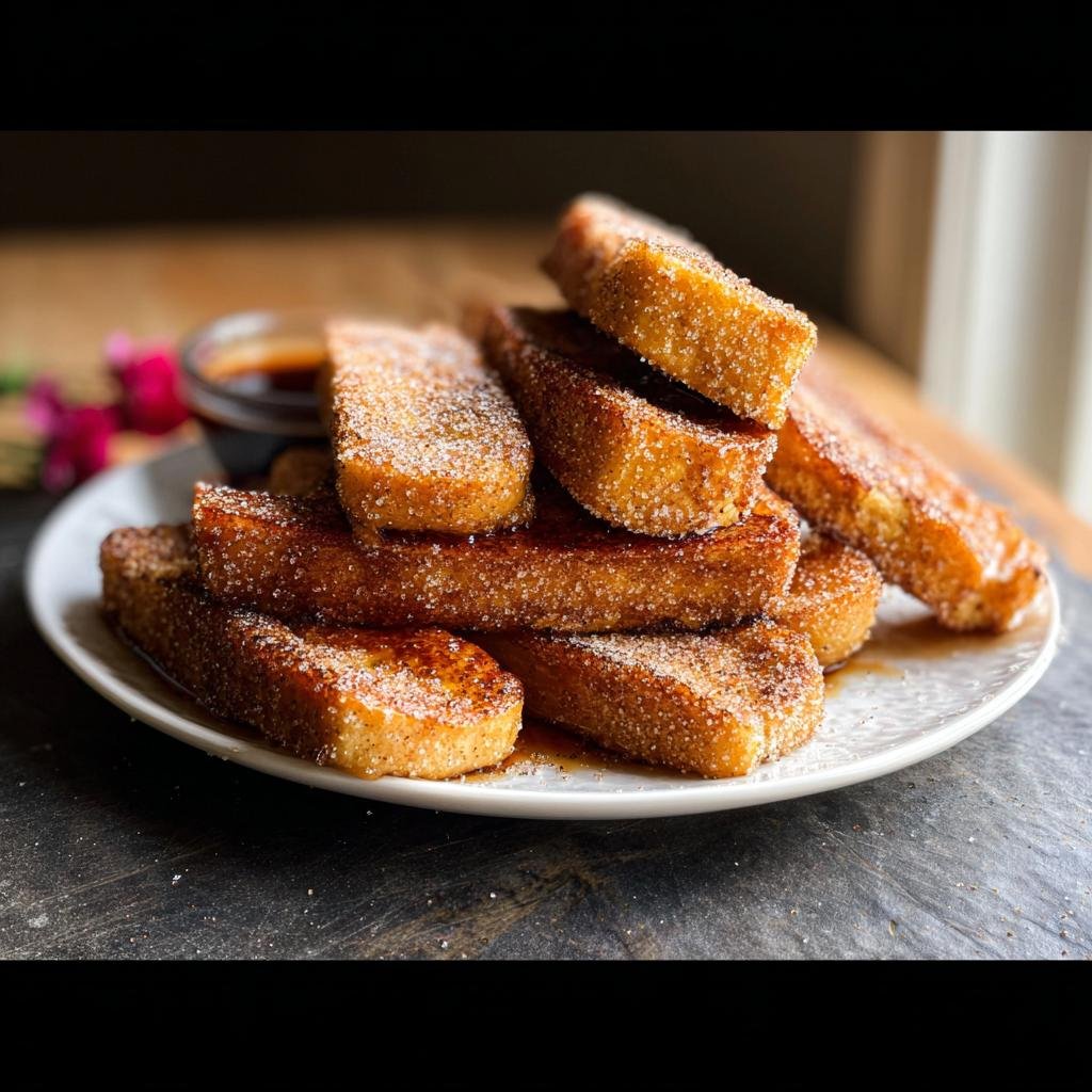 A stack of golden brown Baked French Toast Sticks heavily coated in cinnamon sugar on a white plate.