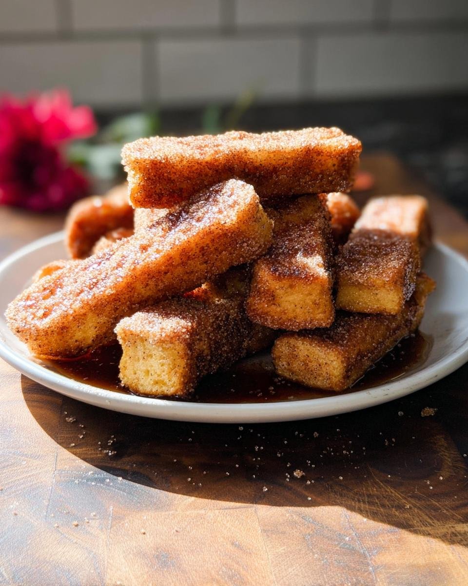A tall stack of golden brown Baked French Toast Sticks coated in cinnamon sugar, resting in syrup on a white plate.