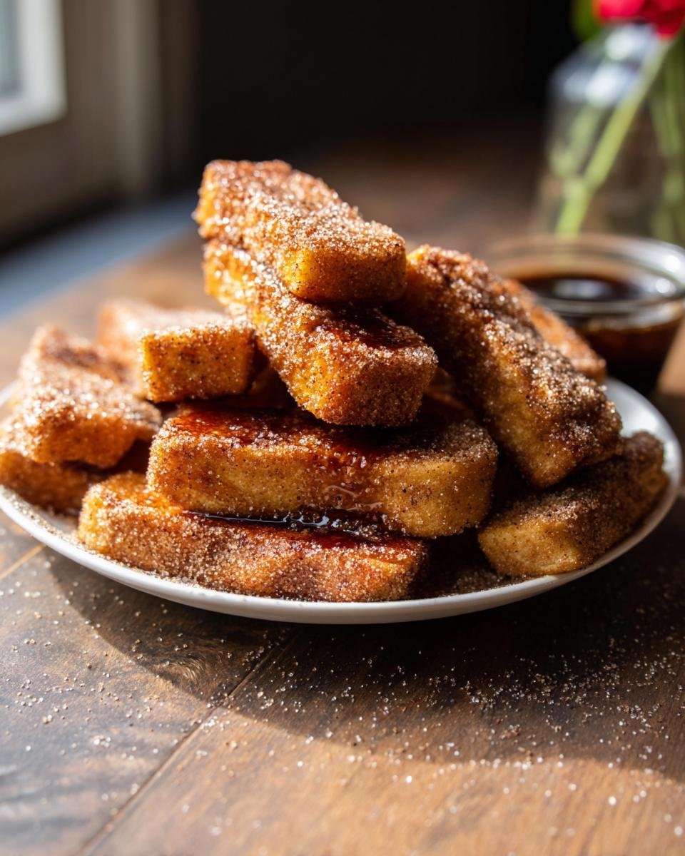 A stack of golden brown Baked French Toast Sticks coated heavily in cinnamon sugar on a white plate.