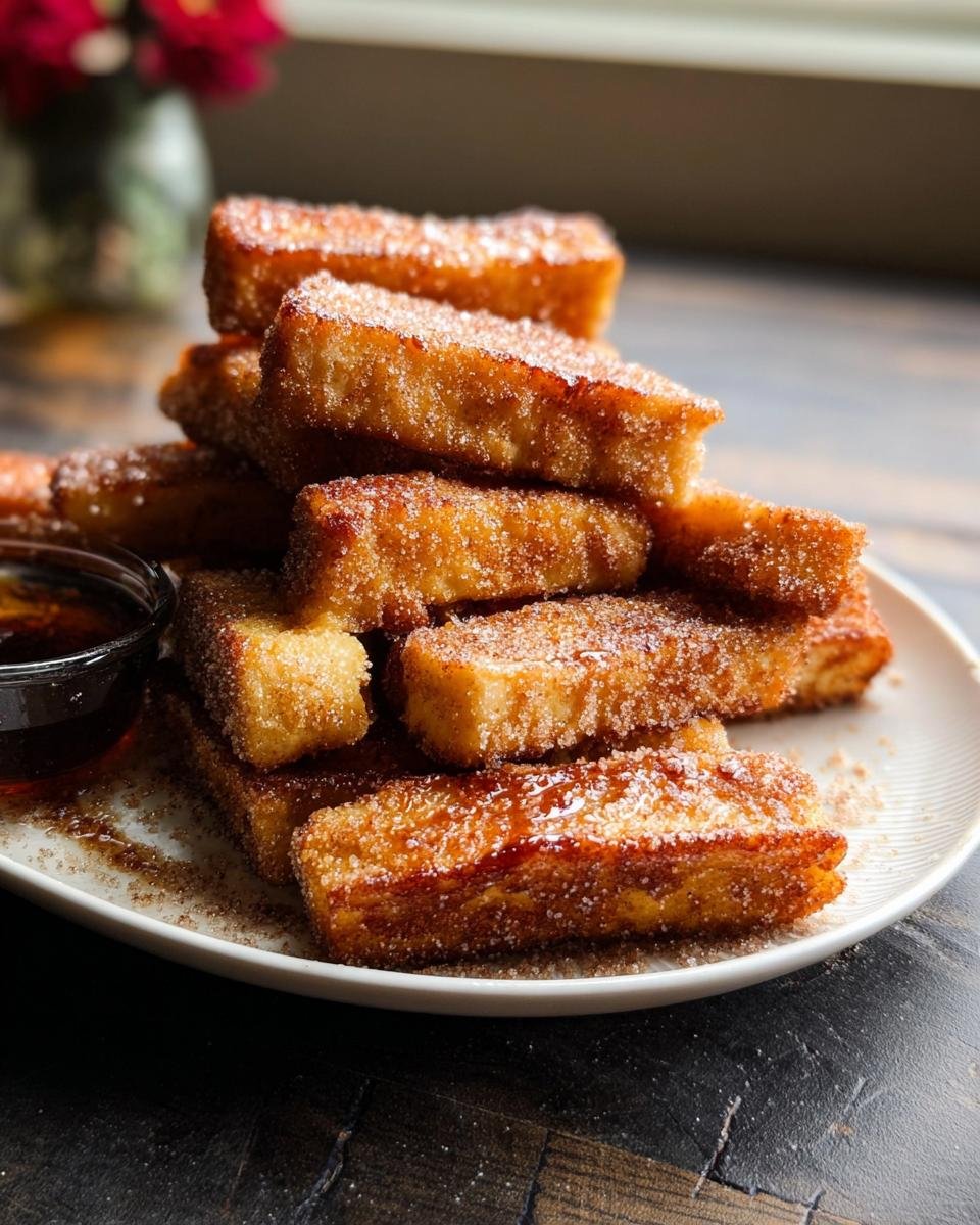 A tall stack of golden brown Baked French Toast Sticks coated in cinnamon sugar, served with syrup.