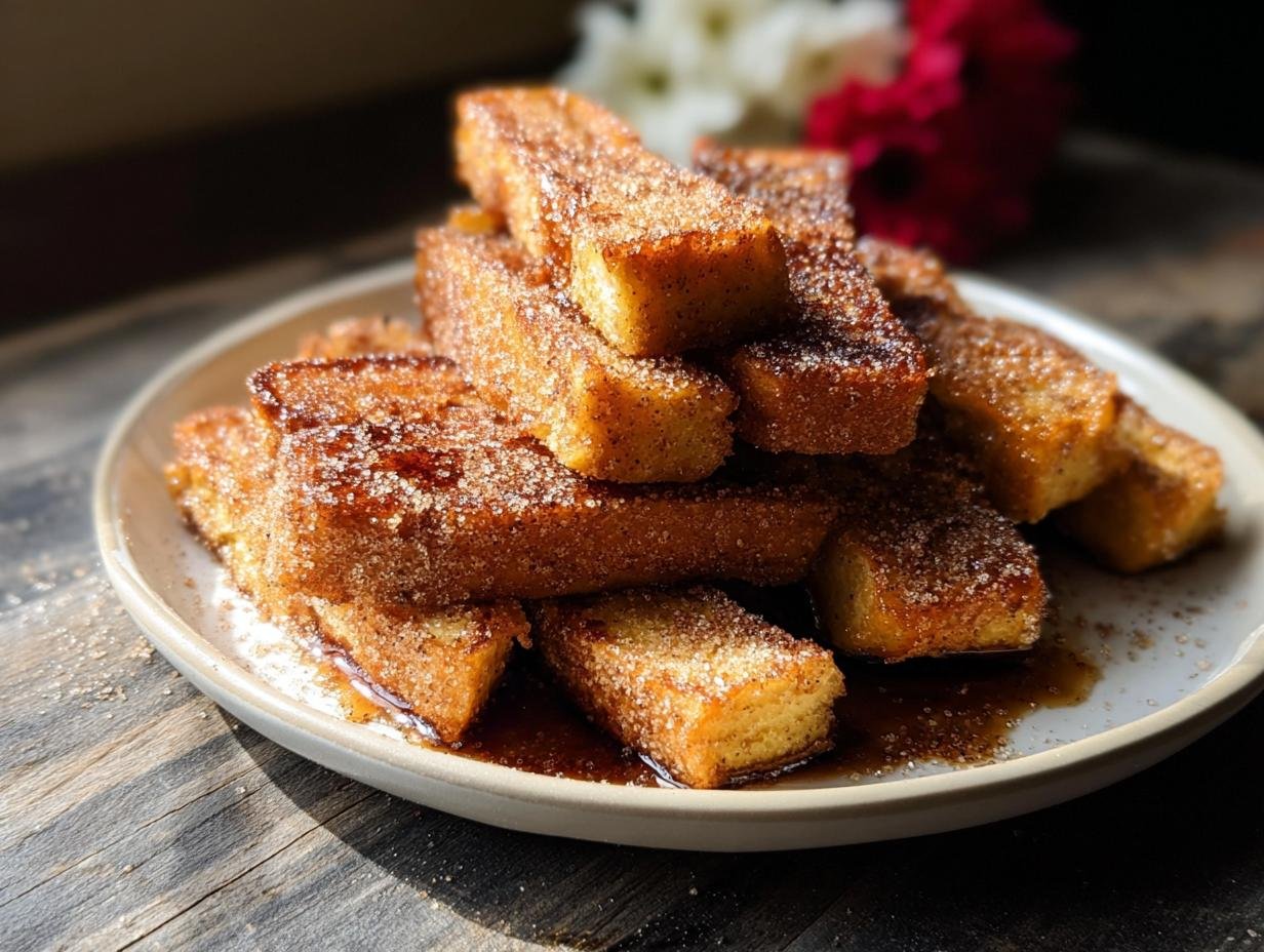 A stack of golden brown Baked French Toast Sticks coated in cinnamon sugar, resting in syrup on a light plate.