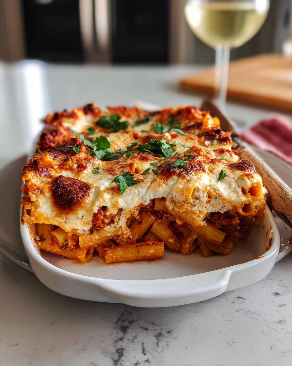 A portion of Baked Ziti with Ricotta Family Size casserole, topped with melted cheese and parsley.