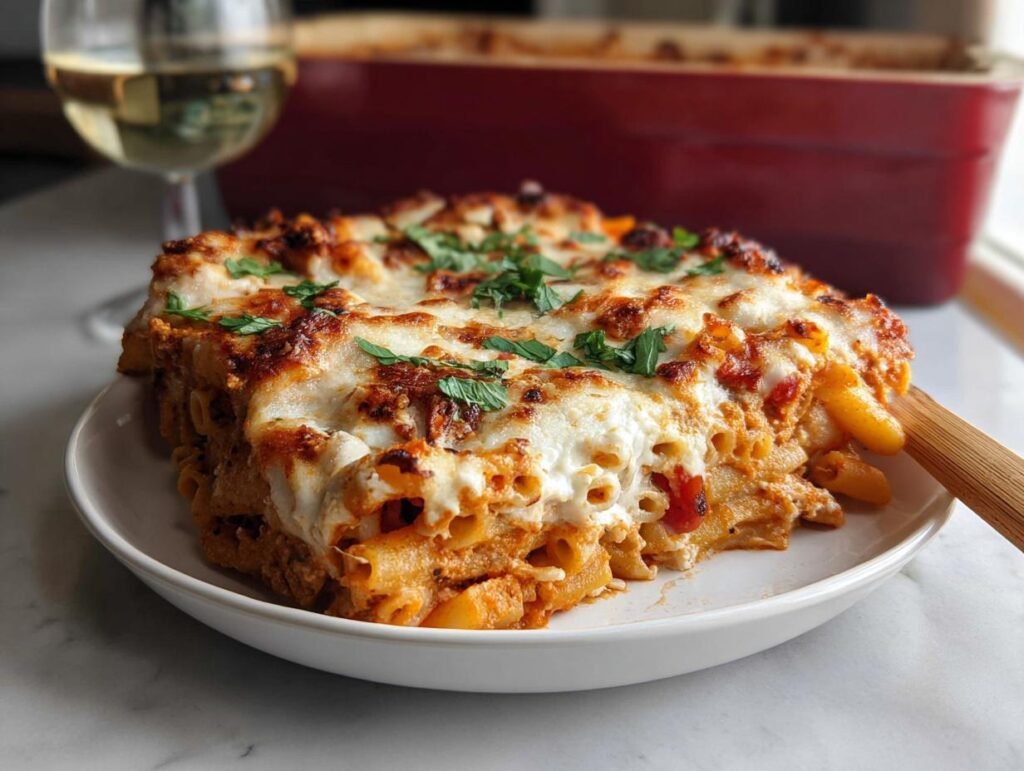 A generous serving of Baked Ziti with Ricotta Family Size, topped with melted, browned cheese and fresh parsley.