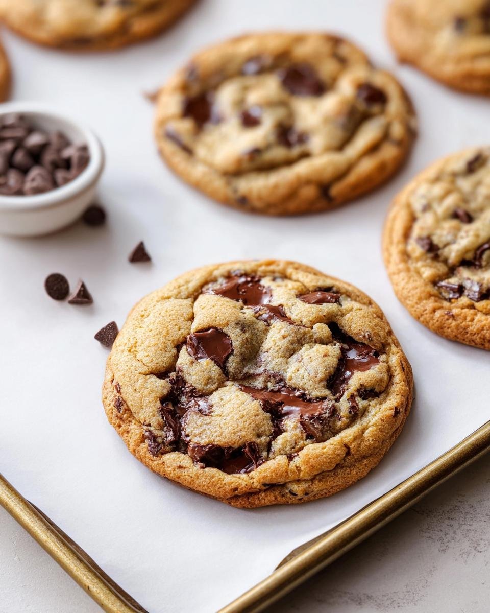 Close-up of a thick Bakery Style Chocolate Chip Cookie with melted chocolate pools, resting on parchment paper.