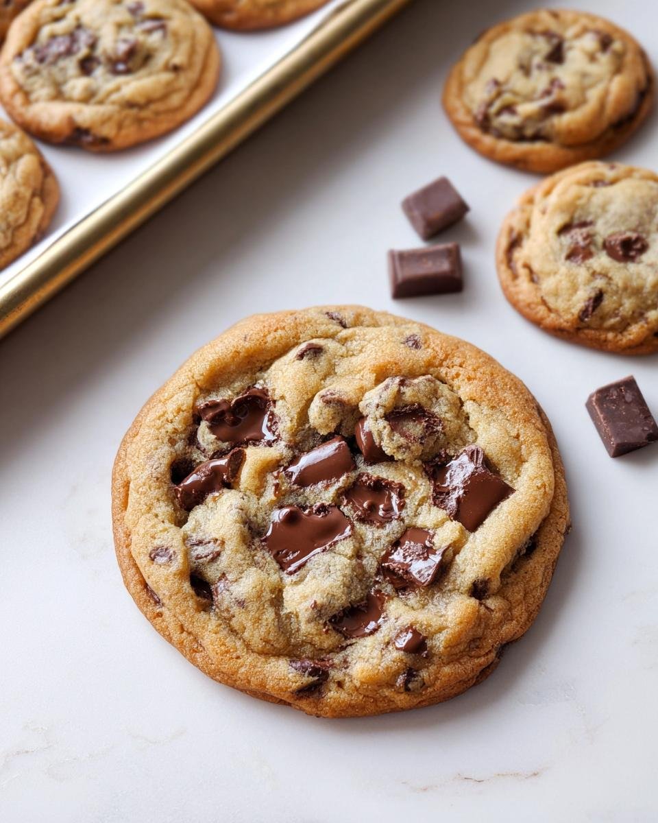 Close-up of a thick Bakery Style Chocolate Chip Cookie with gooey, melted chocolate chunks on a marble surface.