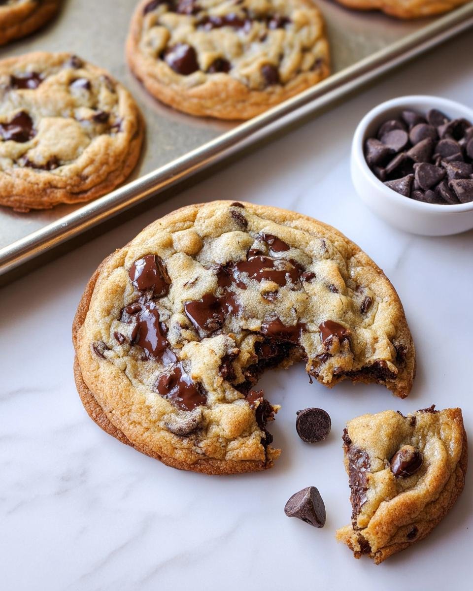 A thick Bakery Style Chocolate Chip Cookie, partially eaten, showing a gooey center and melted chocolate chips.