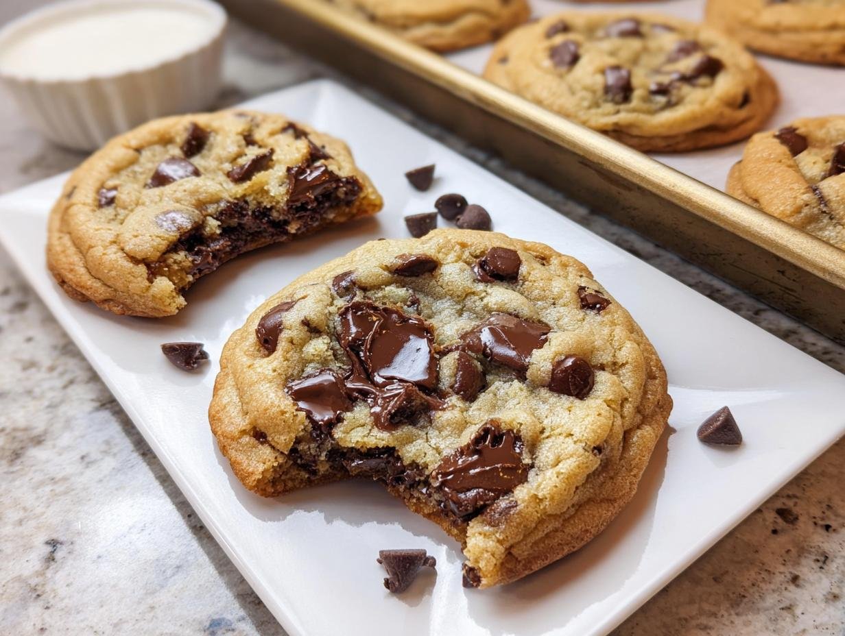 Two thick Bakery Style Chocolate Chip Cookies, one broken to show the gooey melted chocolate center.