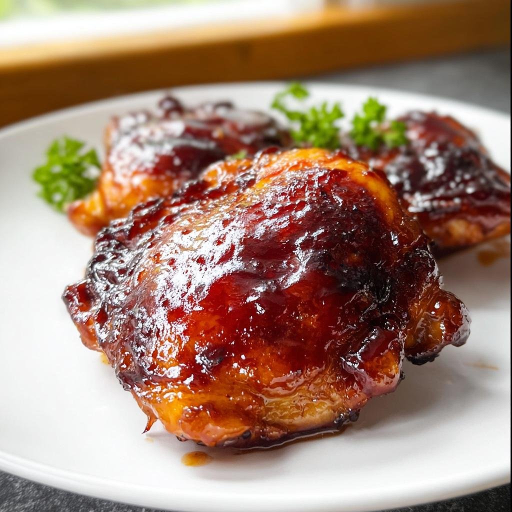 Close-up of sticky, glazed BBQ Chicken Thighs Oven Baked on a white plate garnished with parsley.